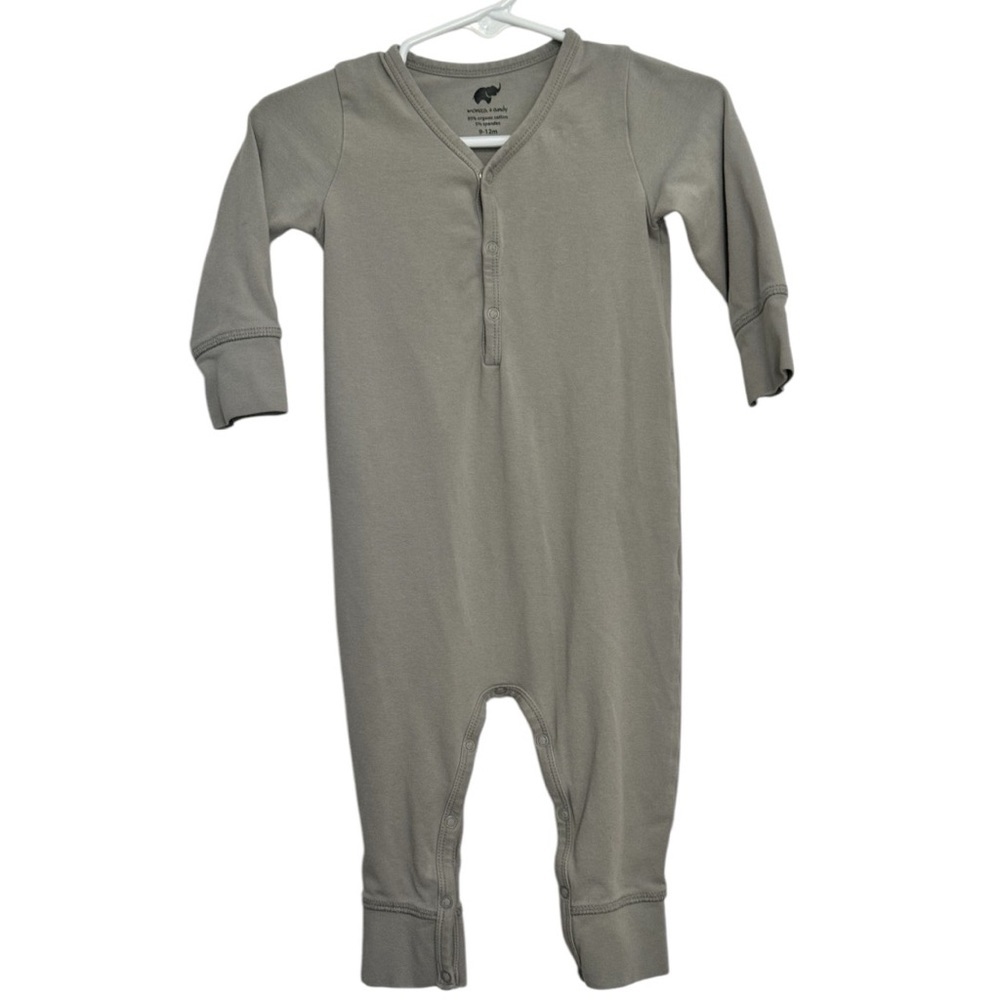Monica + Andy Gray Snap Long Sleeve Romper Organic Cotton 9-12M